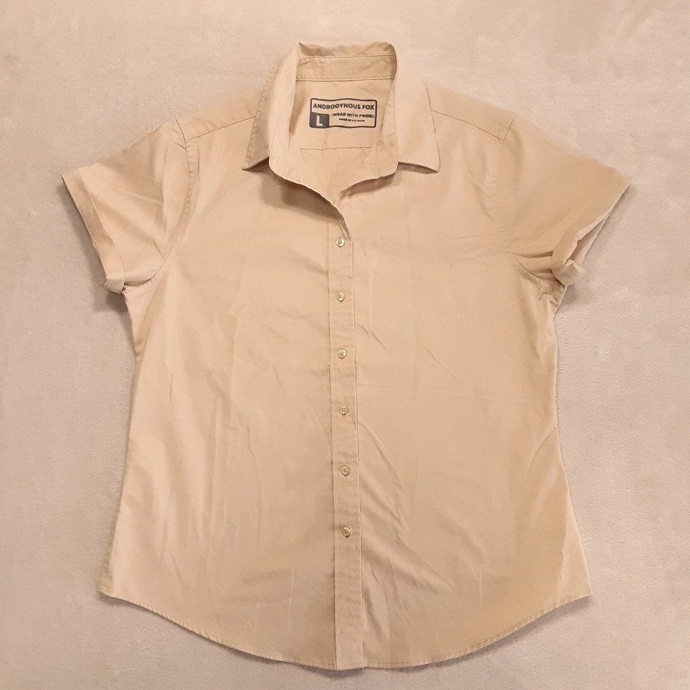 Androgynous Fox Womans Short Sleeve Button Shirt Large Khaki Cotton Outdoor